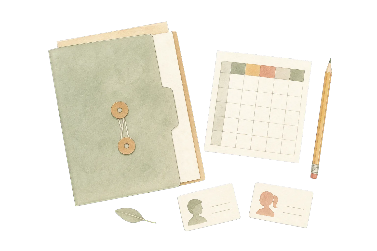 Hand-drawn enrolment folder, timetable and pencil