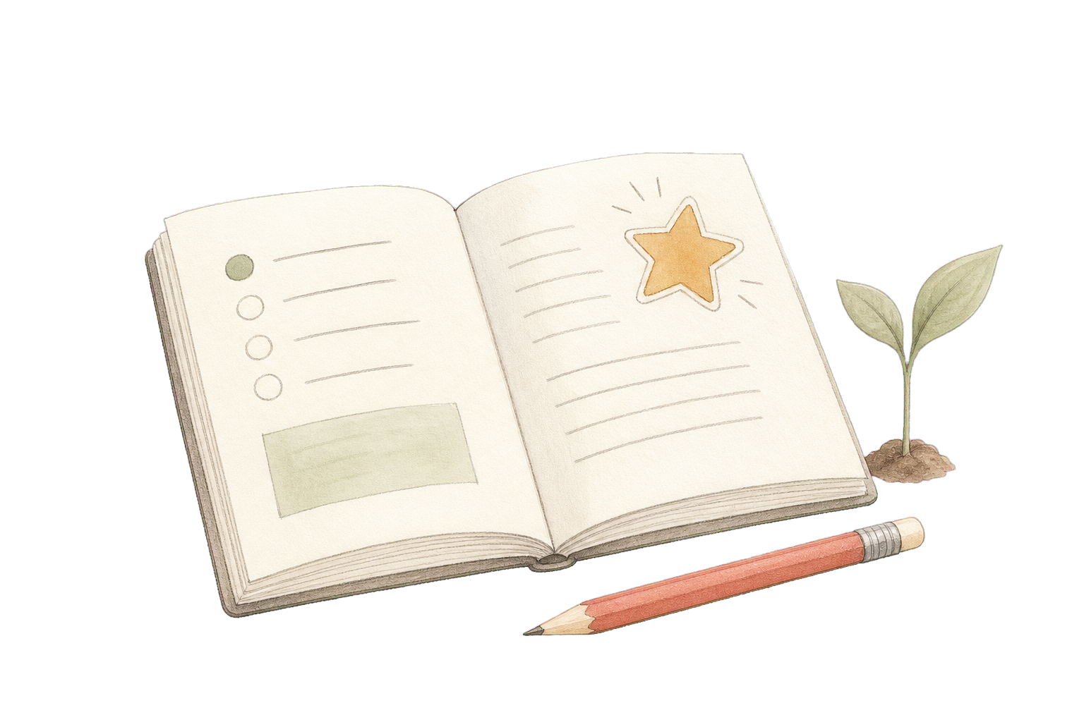 Hand-drawn learner notebook, pencil and growing sprout