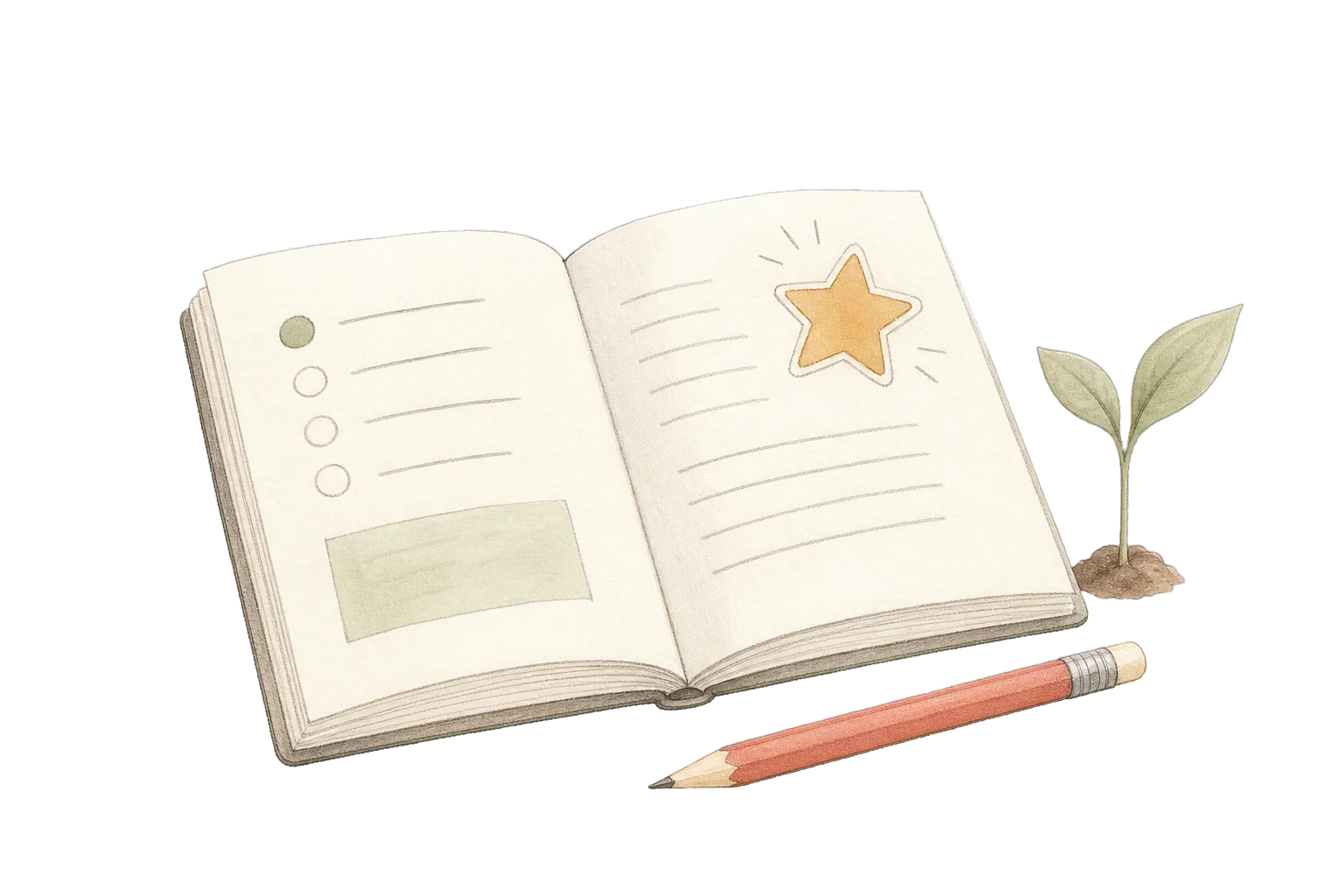 Hand-drawn learner notebook, pencil and growing sprout